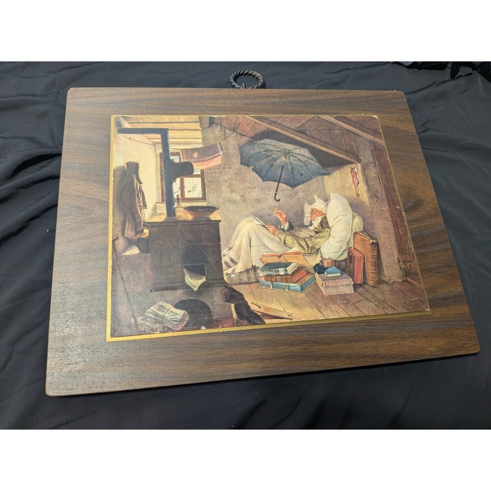 Vintage Carl Spitzweg "The Poor Poet" Wood‎ Plaque Wall Art - German Romanticism